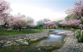 Projeto 3D, Parque Primavera, flores em plena floração, riacho HD Papéis de Parede