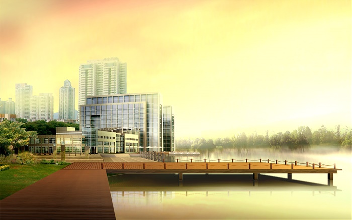 Projeto 3D, arranha-céus urbanos, rio, cais Papéis de Parede, imagem