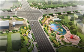 Projeto 3D, o tráfego rodoviário urbano, parques verdes