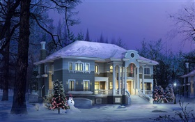 Projeto 3D, casa de inverno, neve, noite