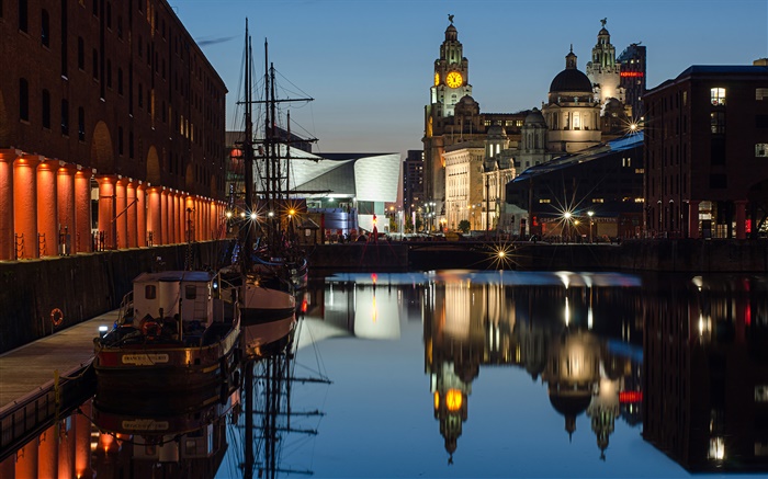 Albert Dock, noite, casas, luzes, Liverpool, Inglaterra Papéis de Parede, imagem