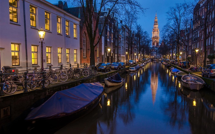 Amesterdão, Holanda, noite, casas, rio, barcos, luzes Papéis de Parede, imagem