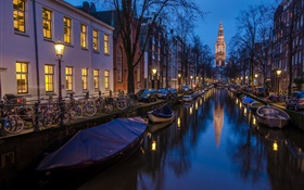 Amesterdão, Holanda, noite, casas, rio, barcos, luzes HD Papéis de Parede