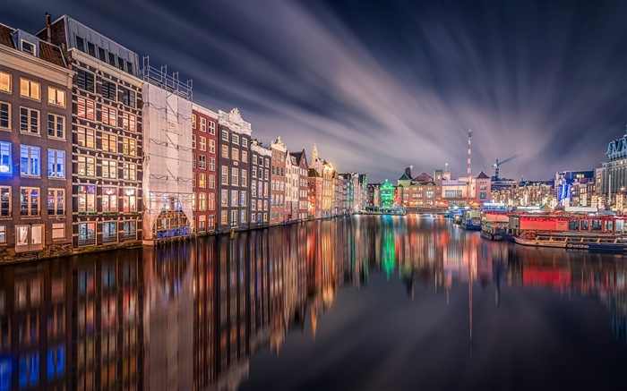 Amsterdam, noite, luzes, casa, rio, reflexão Papéis de Parede, imagem