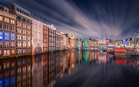 Amsterdam, noite, luzes, casa, rio, reflexão