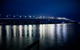 Auckland ponte do porto, noite, luzes, Nova Zelândia