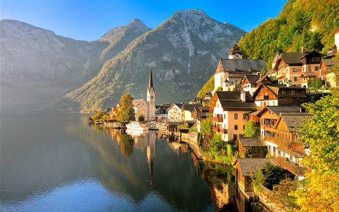 Áustria, Hallstatt, Salzkammergut, casa, lago, montanhas, raios de sol Papéis de Parede, imagem