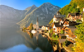 Áustria, Hallstatt, Salzkammergut, casa, lago, montanhas, raios de sol