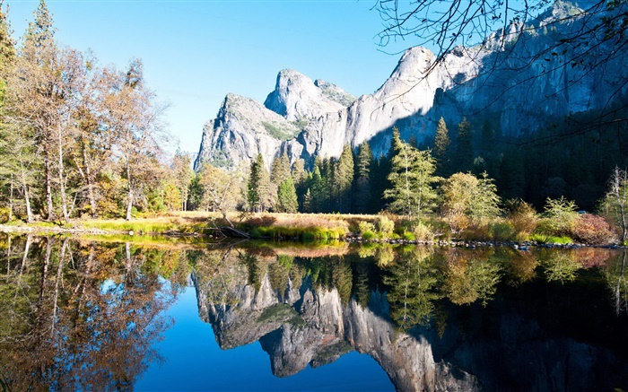 Outono, árvores, lago, reflexão da água, montanha, sol Papéis de Parede, imagem