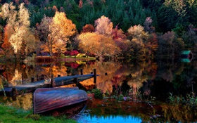 Outono, árvores, cais, barco, lago, reflexão da água