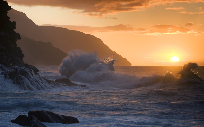 Praia do por do sol, ondas, State Park, Kauai Papéis de Parede, imagem