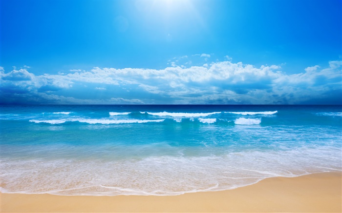 Bela praia, mar, ondas, azul, céu, nuvens Papéis de Parede, imagem