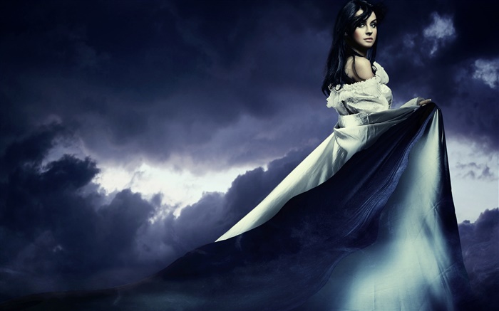 Menina bonita no crepúsculo, vestido longo Papéis de Parede, imagem