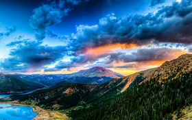 Bela paisagem, montanhas, lago, floresta, nuvens, pôr do sol HD Papéis de Parede