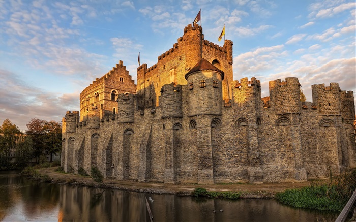Bélgica, castelo, fosso, céu, crepúsculo Papéis de Parede, imagem
