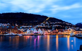 Bergen, Noruega, cidade, noite, casas, mar, barco, luzes