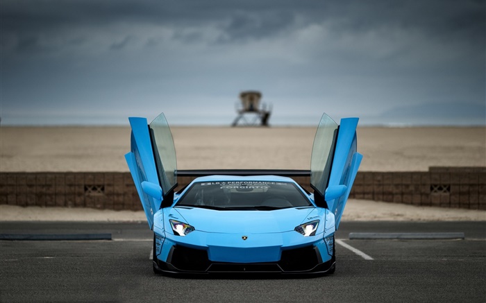 Azul Lamborghini Aventador supercar frente vista, asas Papéis de Parede, imagem