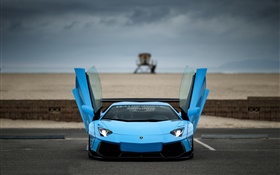 Azul Lamborghini Aventador supercar frente vista, asas