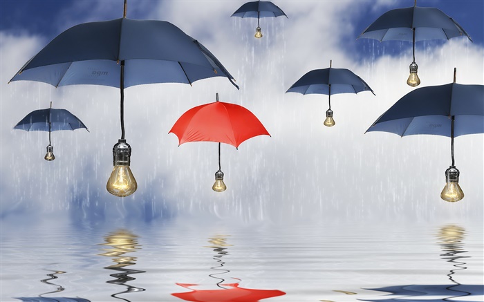 Guarda-chuvas azuis e vermelhas, chuva, reflexão da água, imagens criativas Papéis de Parede, imagem