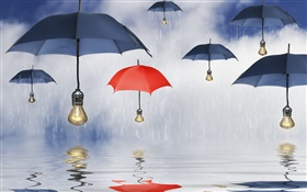 Guarda-chuvas azuis e vermelhas, chuva, reflexão da água, imagens criativas