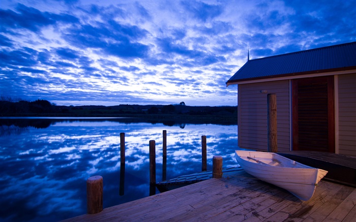 Casa de Barcos, rio, nuvens, crepúsculo, Nova Zelândia Papéis de Parede, imagem