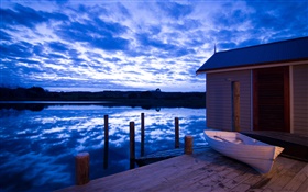 Casa de Barcos, rio, nuvens, crepúsculo, Nova Zelândia