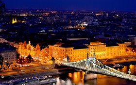 Budapeste, Hungria, Rio Danúbio, ponte, edifícios, noite, luzes