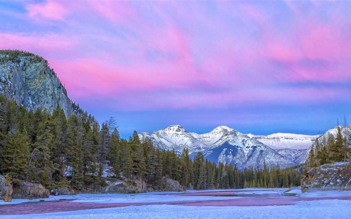 Canadá, Parque Nacional, rio, montanhas, árvores, nuvens, inverno Papéis de Parede, imagem