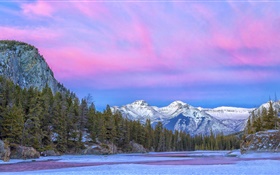Canadá, Parque Nacional, rio, montanhas, árvores, nuvens, inverno HD Papéis de Parede
