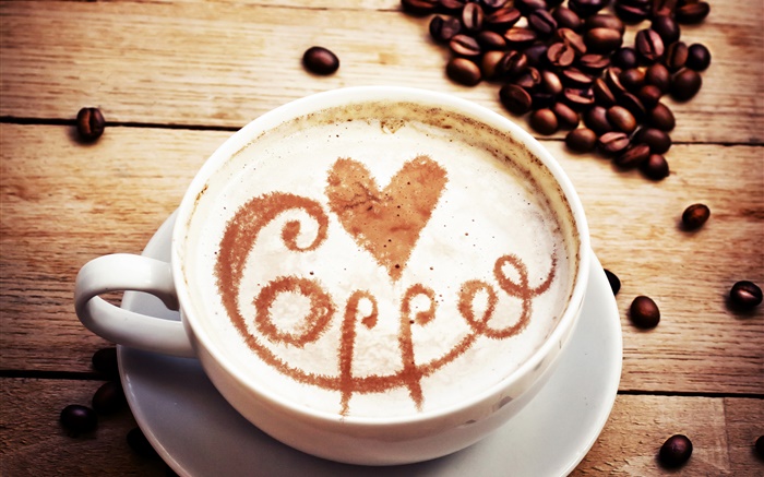 Cappuccino, corações do amor, grãos de café Papéis de Parede, imagem