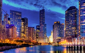 Chicago, Illinois, EUA, arranha-céu, rio, luzes, noite