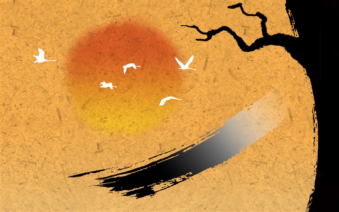 Arte chinesa da tinta, pássaros, árvore, pôr do sol Papéis de Parede, imagem