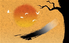 Arte chinesa da tinta, pássaros, árvore, pôr do sol