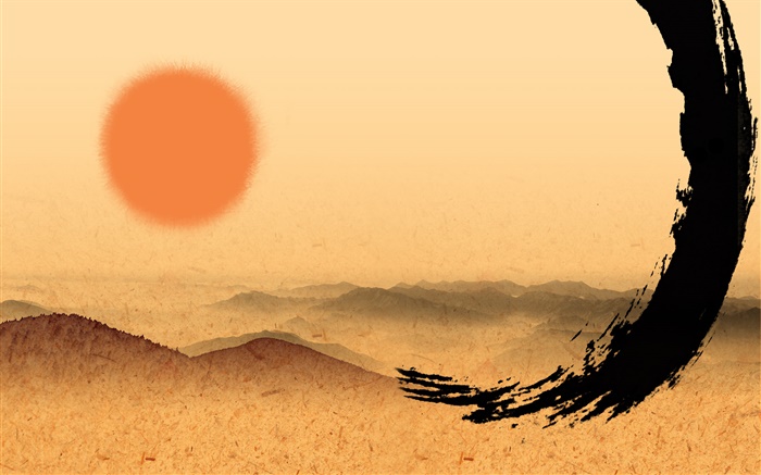 Arte chinesa da tinta, o sol vermelho Papéis de Parede, imagem