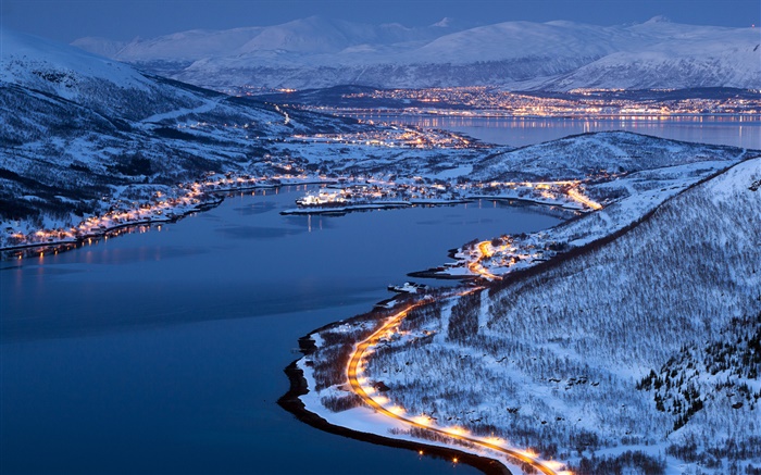 As luzes da cidade, neve, inverno, noite, Tromso, Noruega Papéis de Parede, imagem