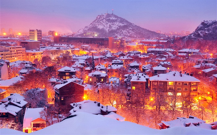 Cidade, luzes, inverno, noite, neve, Plovdiv, Bulgária Papéis de Parede, imagem