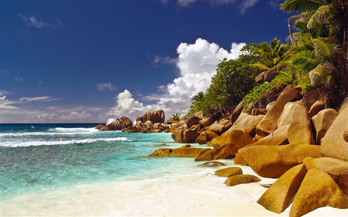 Costa, praia, pedras, mar, nuvens, Ilha Seychelles Papéis de Parede, imagem