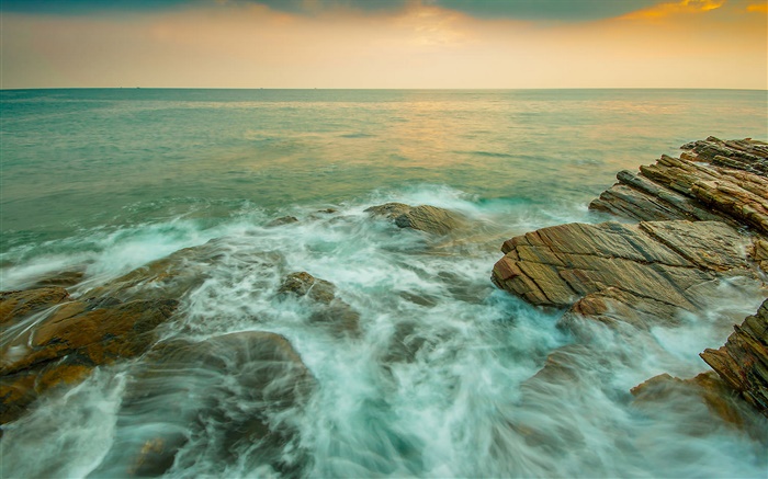 Costa, mar, pedras, fluxo, crepúsculo Papéis de Parede, imagem