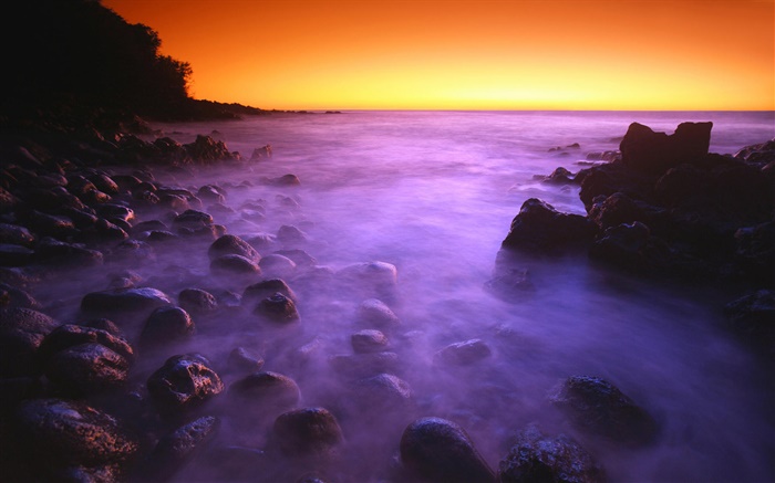 Costa, mar, pedras, nascer do sol, céu vermelho Papéis de Parede, imagem