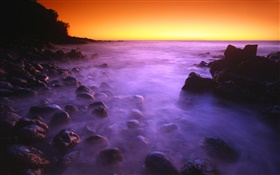 Costa, mar, pedras, nascer do sol, céu vermelho HD Papéis de Parede
