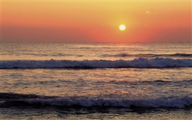 Costa, mar, ondas, por do sol