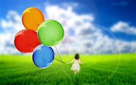 Balões coloridos, bonito menina, grama, verde, céu HD Papéis de Parede