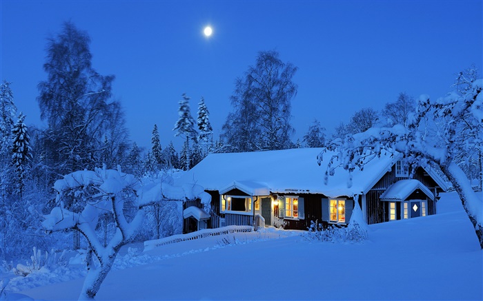 Casa de campo, noite, inverno, neve, lua, Dalarna, Suécia Papéis de Parede, imagem