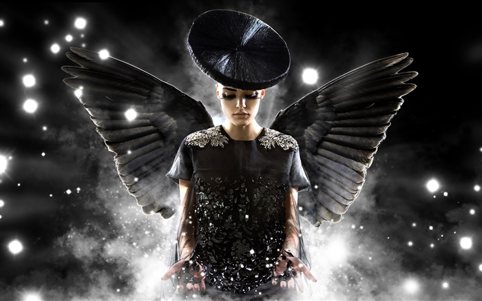 Design criativo, menina do anjo, asas negras Papéis de Parede, imagem