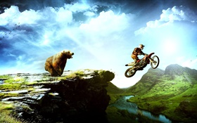 Imagens criativas, motocicleta perseguição urso