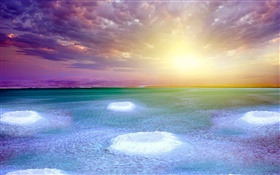 Mar Morto, por do sol, sal, nuvens