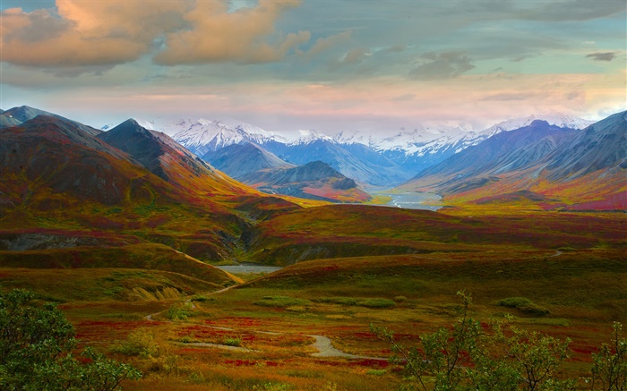 Denali National Park, Alaska, EUA, bela paisagem, montes, rio Papéis de Parede, imagem
