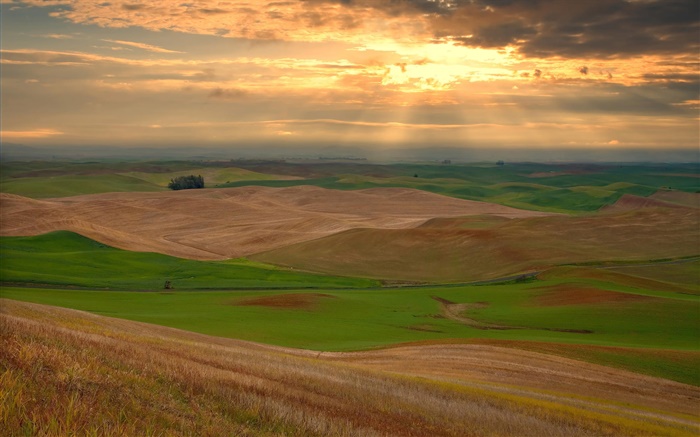 campos agrícolas, colinas, nuvens, pôr do sol Papéis de Parede, imagem