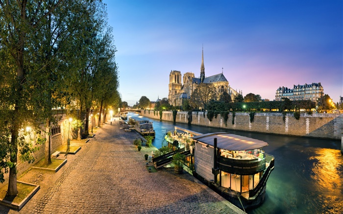 França, Notre Dame, rio, barcos, noite, luzes Papéis de Parede, imagem
