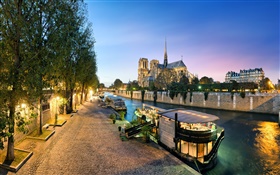 França, Notre Dame, rio, barcos, noite, luzes